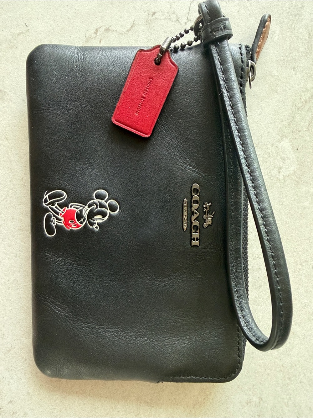 Coach Black Leather Wristlet with Red Tag and Mickey Accent
